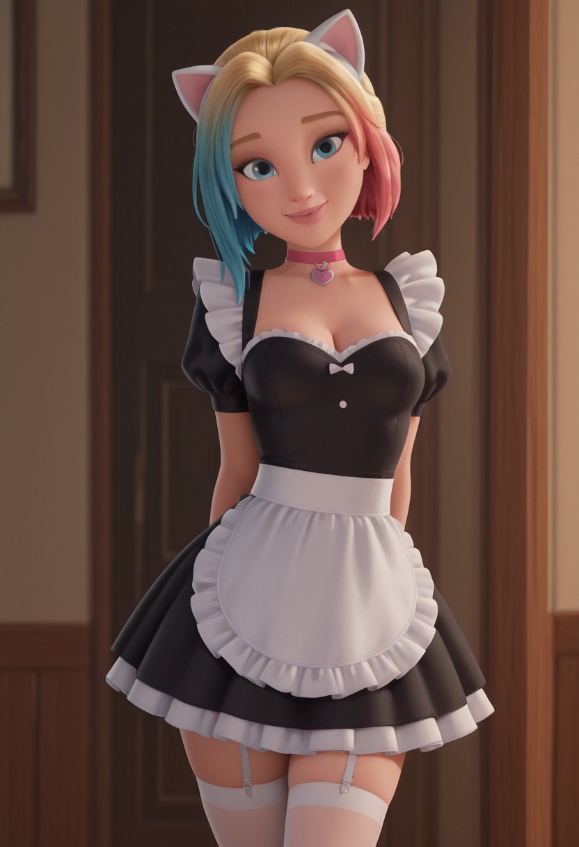 disney animation,
Blue curl 
masterpiece, best quality, hyper-realistic, ultra-HD, luminous lighting, cinematic ambiance, shimmering gradients, ethereal glow, deep contrast, rich color tones, seductive atmosphere, captivating sensuality, Cinematic Lighting,
 Zoe, blue curl, blue eyes, light blonde hair, multicolored hair, red curl, blue curl, cute,
<lora:Disney_Animation_v5-V7:1>
white cat ear headband, pink choker, heart pendant, black French maid outfit, cleavage, shirt skirt, white thigh highs, ;p, cafe