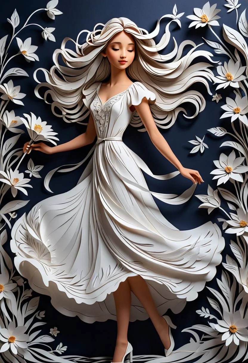 artshmll, pencil contour drawing, artfshnshtr, artxldnc
Paper Cutting art, a beautiful girl in a white dress with long hair dancing on a sea of flowers, a paper cut artwork in the simple design style, a beautiful girl with long hair and a white dress dancing in the wind surrounded by flowers, a paper sculpture of a beautiful girl with long hair and a white dress dancing in the wind surrounded by flowers on a white and black background, against a dark background, and high contrast, at high resolution, delicate lines and details, in a dynamic pose, in a wide angle, in the style of a paper cutout, flowers flying around her, detailed and intricately cut from paper, full body shot, holding flowers in her hand, in a cinematic style., light gray and navy blue tones, in white and silver colors, rendered in 3D at a high resolution in the style of paper cuttings art., of high resolution and high quality., with a flowing dress, with a white color tone and a dark background, with high detail and high resolution., with exquisite carving techniques creating three-dimensional effects, with intricate details, with a dynamic composition against a dark background, with layered lines and paper cutouts forming delicate curves and a dreamy atmosphere with soft edges and atmospheric effects