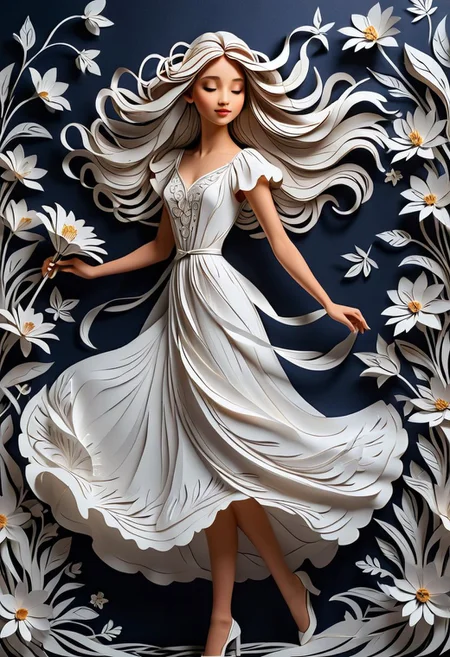 artshmll, pencil contour drawing, artfshnshtr, artxldnc
Paper Cutting art, a beautiful girl in a white dress with long hair dancing on a sea of flowers, a paper cut artwork in the simple design style, a beautiful girl with long hair and a white dress dancing in the wind surrounded by flowers, a paper sculpture of a beautiful girl with long hair and a white dress dancing in the wind surrounded by flowers on a white and black background, against a dark background, and high contrast, at high resolution, delicate lines and details, in a dynamic pose, in a wide angle, in the style of a paper cutout, flowers flying around her, detailed and intricately cut from paper, full body shot, holding flowers in her hand, in a cinematic style., light gray and navy blue tones, in white and silver colors, rendered in 3D at a high resolution in the style of paper cuttings art., of high resolution and high quality., with a flowing dress, with a white color tone and a dark background, with high detail and high resolution., with exquisite carving techniques creating three-dimensional effects, with intricate details, with a dynamic composition against a dark background, with layered lines and paper cutouts forming delicate curves and a dreamy atmosphere with soft edges and atmospheric effects