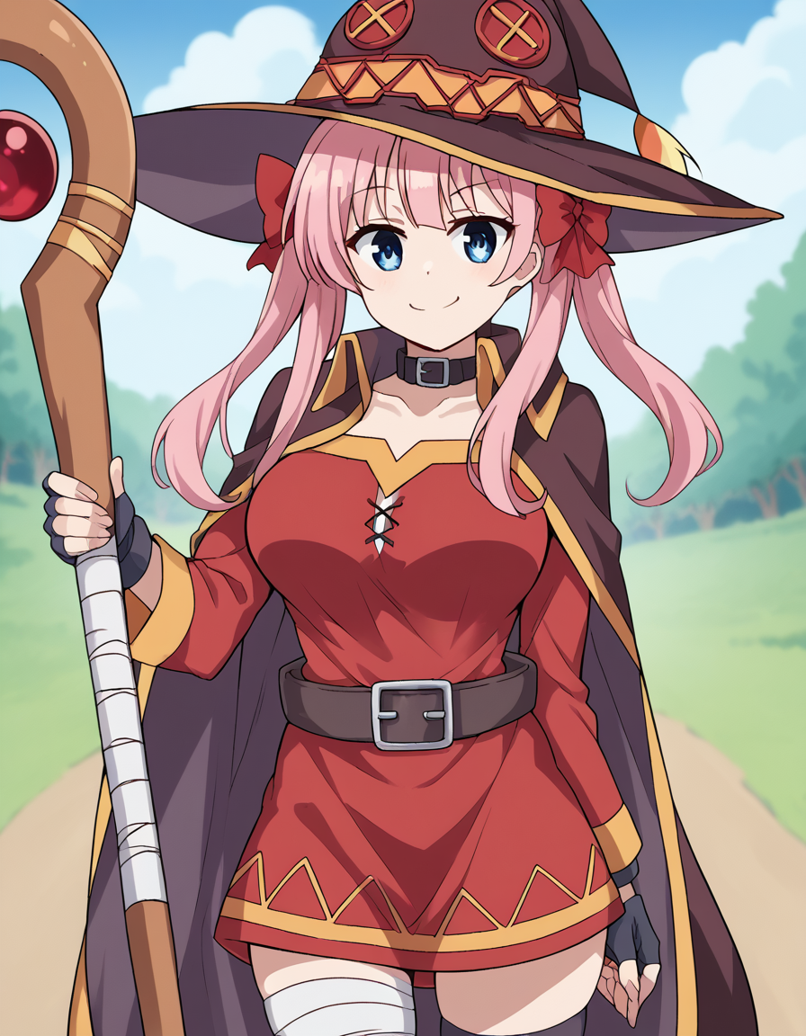 score_9, score_8_up, score_7_up, source_anime, nodokaharamura, <lora:nodoka-haramura-s1-ponyxl-lora-nochekaiser:1>, nodoka haramura, blue eyes, hair bow, long hair, pink hair, bow, large breasts,, <lora:megumin-cosplay-ponyxl-lora-nochekaiser:1>, megumin cosplay, megumin (cosplay), thighhighs, gloves, hat, dress, black gloves, belt, black thighhighs, fingerless gloves, cape, collar, witch hat, bandages, red dress, single thighhigh, asymmetrical legwear, bandaged leg,, staff, holding staff, smug, outdoors, looking at viewer, cowboy shot,