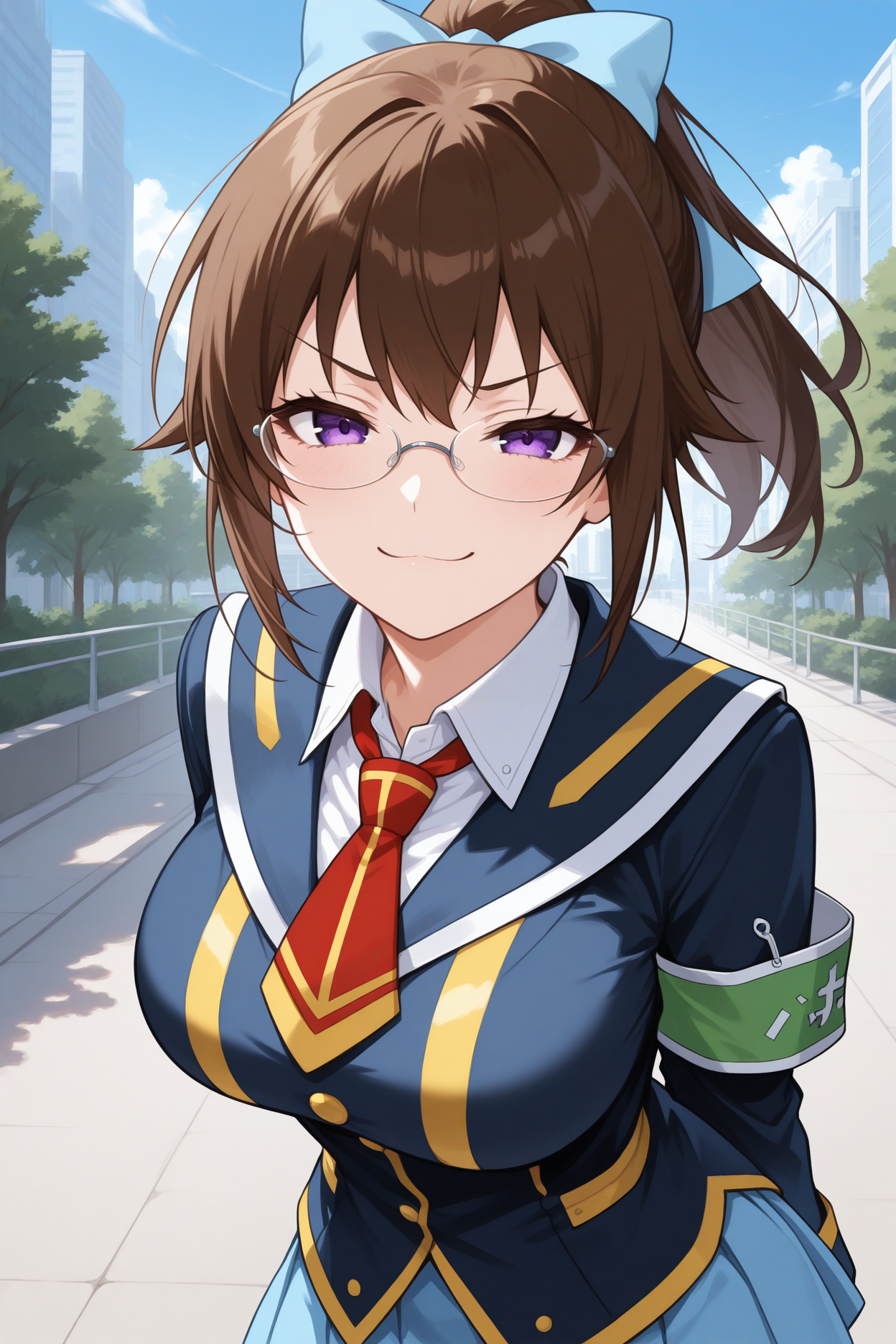 masterpiece, best quality, 1girl, solo, <lora:kikaijimamogana-illu-nvwls-v1-000006:1> kjmmg, brown hair, short ponytail, purple eyes, glasses, hair bow, light blue bow, large breasts, black blazer, armband, yellow trim, white shirt, collared shirt, red necktie, short necktie, light blue skirt, pleated skirt, miniskirt, upper body, looking at viewer, smile, smug, blue sky, tree, city