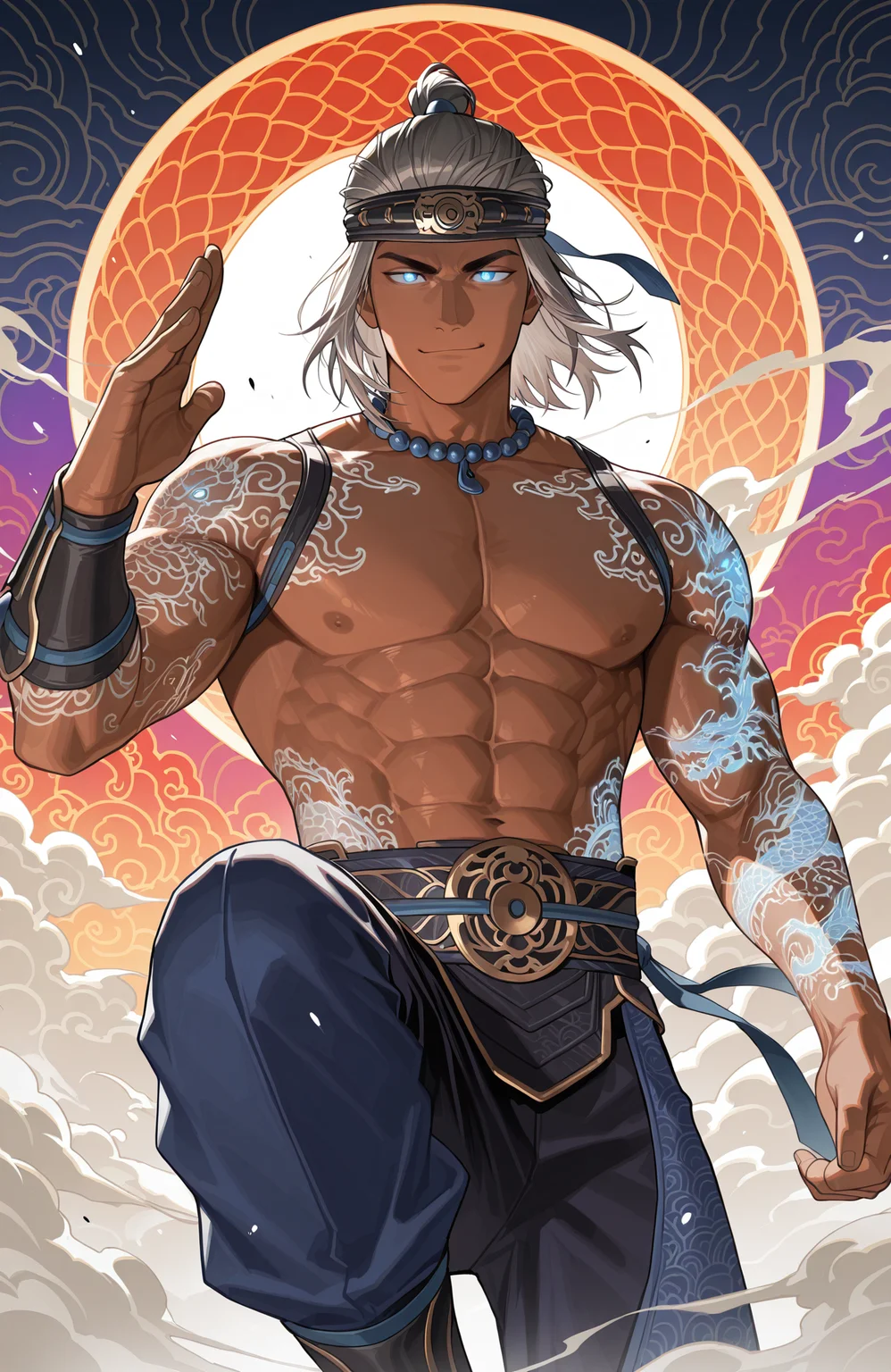 mk_firegod_liukang,
liu kang, blue eyes, glowing eyes,
liukang_body,
muscular male,
looking at viewer, smug, 
martial arts, kicking, knee up, motion blur, motion lines, action scene,
cowboy shot,
straight-on,
fantasy chinese landscape, low clouds, fog, wind, reflective,
detailed, light, dark, glowing tattoo, dragon tattoo,
colorful background, color contrast,
masterpiece, best quality, amazing quality, very aesthetic, absurdres, newest, very awa,
<lora:[Char - IL] Mortal Kombat - Liu Kang [Fire God ] (R1E07):0.8>