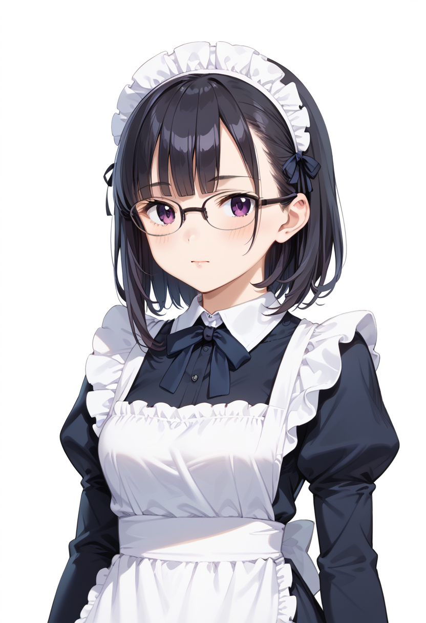 score_9, score_8_up, score_7_up, rating_safe, masterpiece, best quality, absurdres, unity 8k wallpaper, official art, official style, source_anime, uncensored, game cg, megami magazine,
1girl, solo, black hair, medium hair, upper body, covered eyes,maid, maid headdress, black dress, maid apron, face focus, 
halfrim15S, still life, white background, simple background, black-framed eyewear,
 <lora:glasses_halfrim15s_PONY_V1:1>