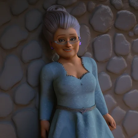 score_9, score_8_up, score_7_up, 1girl, solo, swirl hair, gray hair, gray eyes, glasses, star earrings, blue dress, belt, cleavage, smile, 3d,