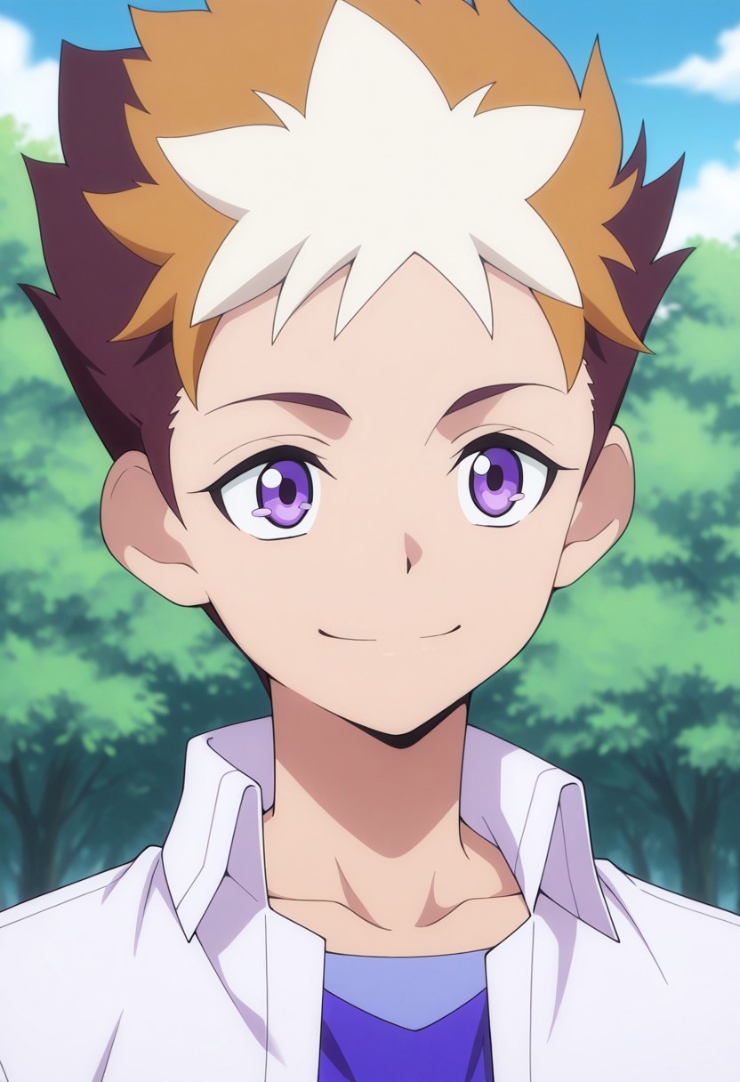 masterpiece,best quality,amazing quality, source_anime,
SubaruMakabe, 1boy, male focus, solo, purple eyes, multicolored hair, brown hair, white hair, collarbone, shirt, purple shirt, white shirt, collared shirt, open shirt, smile, outdoor, portrait,