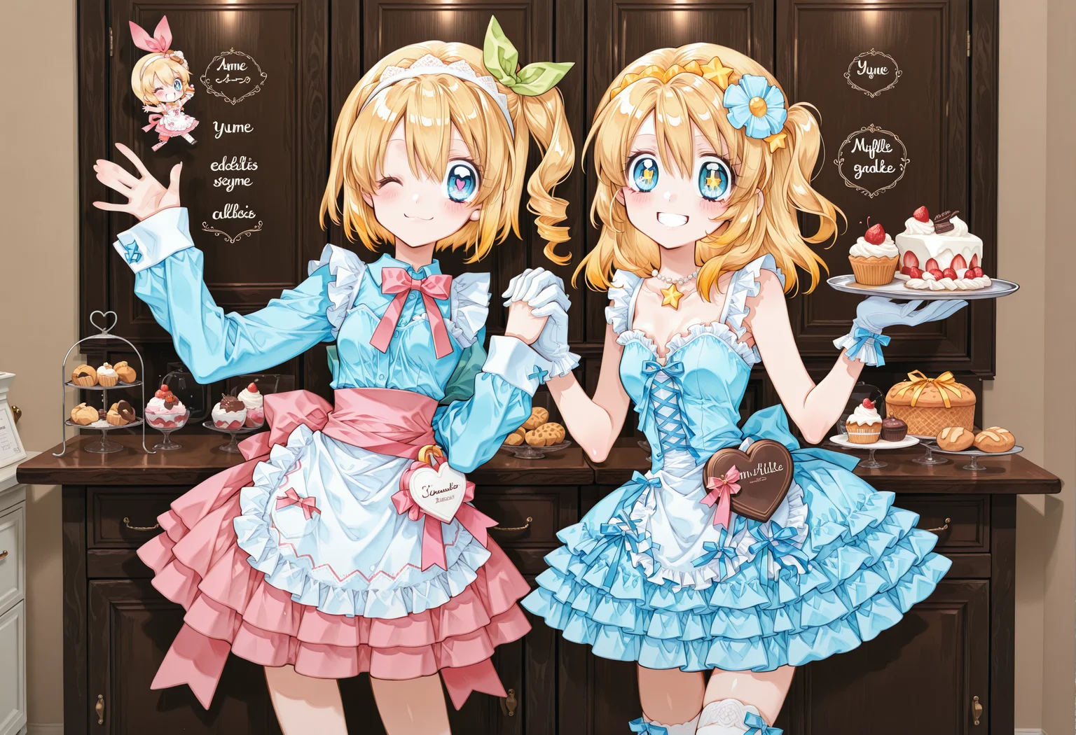 yume_kawaii, watercolor (medium), low contrast, (2girls:1.5), looking at viewer, holding hands, elegant p4stry sh0p, (pastry shop, white floor, brown walls, cupboards, bread, cake, cookies, muffins, small tables), cute, beautiful, elegant, detailed, masterpiece ADDCOMM
1girl, waving, smile, happy, closed mouth, one eye closed, (aaedna, short hair, blonde hair, hair ribbon, white hairband, blue eyes, small breasts, heart-shaped pupils), (pink skirt, maid dress, long sleeves, pink bow, apron, lace trim, sleeves past wrists) BREAK
1girl, holding tray, wide grin, happy, open mouth, (pmbonnie, hair ornament, medium hair, blonde hair, blue eyes, small breasts, star-shaped pupils ), (dress, bow, frills, gloves, frilled dress, thighhighs, cross-laced clothes), tray <lora:edna_(tales)_ilxl_v1:0.6> <lora:illustriousXL Pokemon Bonnie V1:1> <lora:SweetChocolateLoversDressILL:0.4> <lora:LovelyCatMaidILL:0.4> <lora:elegant_p4stry_sh0p:0.4> <lora:tanemura_lion:1>