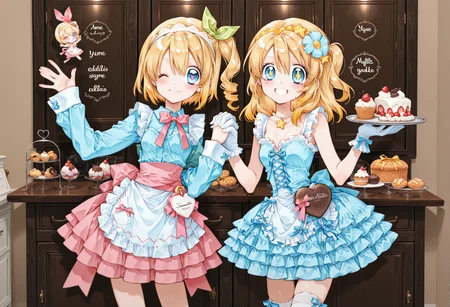 yume_kawaii, watercolor (medium), low contrast, (2girls:1.5), looking at viewer, holding hands, elegant p4stry sh0p, (pastry shop, white floor, brown walls, cupboards, bread, cake, cookies, muffins, small tables), cute, beautiful, elegant, detailed, masterpiece ADDCOMM 
1girl, waving, smile, happy, closed mouth, one eye closed, (aaedna, short hair, blonde hair, hair ribbon, white hairband, blue eyes, small breasts, heart-shaped pupils), (pink skirt, maid dress, long sleeves, pink bow, apron, lace trim, sleeves past wrists) BREAK 
1girl, holding tray, wide grin, happy, open mouth, (pmbonnie, hair ornament, medium hair, blonde hair, blue eyes, small breasts, star-shaped pupils ), (dress, bow, frills, gloves, frilled dress, thighhighs, cross-laced clothes), tray <lora:edna_(tales)_ilxl_v1:0.6> <lora:illustriousXL Pokemon Bonnie V1:1> <lora:SweetChocolateLoversDressILL:0.4>  <lora:LovelyCatMaidILL:0.4> <lora:elegant_p4stry_sh0p:0.4> <lora:tanemura_lion:1>