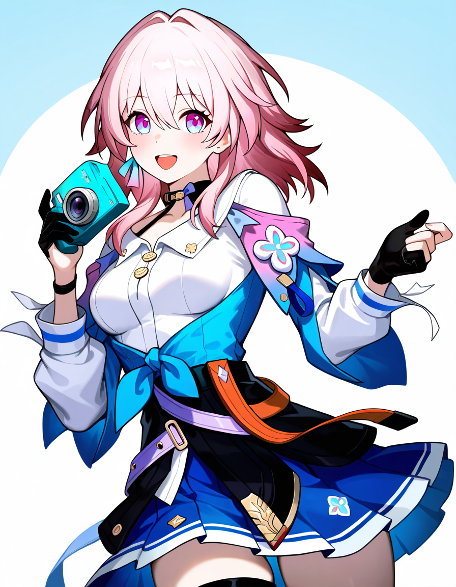 1girl, (march 7th \(honkai: star rail\):0.7), 
solo, looking at viewer, smile, simple background, white background, h1e, cowboy shot, single glove, open mouth, pleated skirt, blush, choker, jacket, black corset, breasts, medium hair, jewelry, tied jacket, archery shooting glove, skirt, pink eyes, partially fingerless gloves, corset, miniskirt, medium breasts, two-tone eyes, shirt, single earring, holding, blue eyes, holding camera, pink hair, earrings, camera, white shirt, gloves, black gloves, blue skirt, black choker, thigh strap, flower ornament, long sleeves,
masterpiece, best quality, very aesthetic, newest, absurdres, incredibly absurdres
 <lora:hle:1>