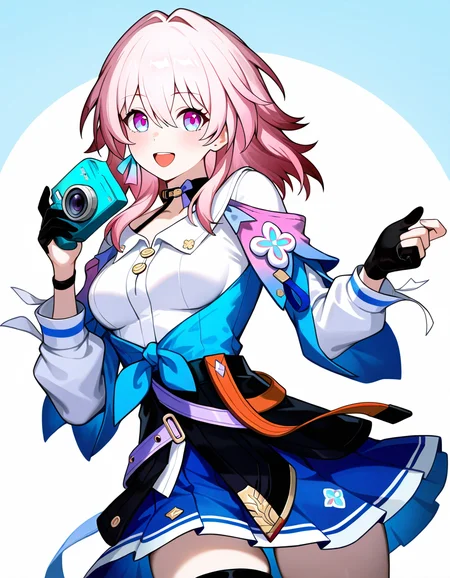 1girl, (march 7th \(honkai: star rail\):0.7), 
solo, looking at viewer, smile, simple background, white background, h1e, cowboy shot, single glove, open mouth, pleated skirt, blush, choker, jacket, black corset, breasts, medium hair, jewelry, tied jacket, archery shooting glove, skirt, pink eyes, partially fingerless gloves, corset, miniskirt, medium breasts, two-tone eyes, shirt, single earring, holding, blue eyes, holding camera, pink hair, earrings, camera, white shirt, gloves, black gloves, blue skirt, black choker, thigh strap, flower ornament, long sleeves,
masterpiece, best quality, very aesthetic, newest, absurdres, incredibly absurdres
 <lora:hle:1>