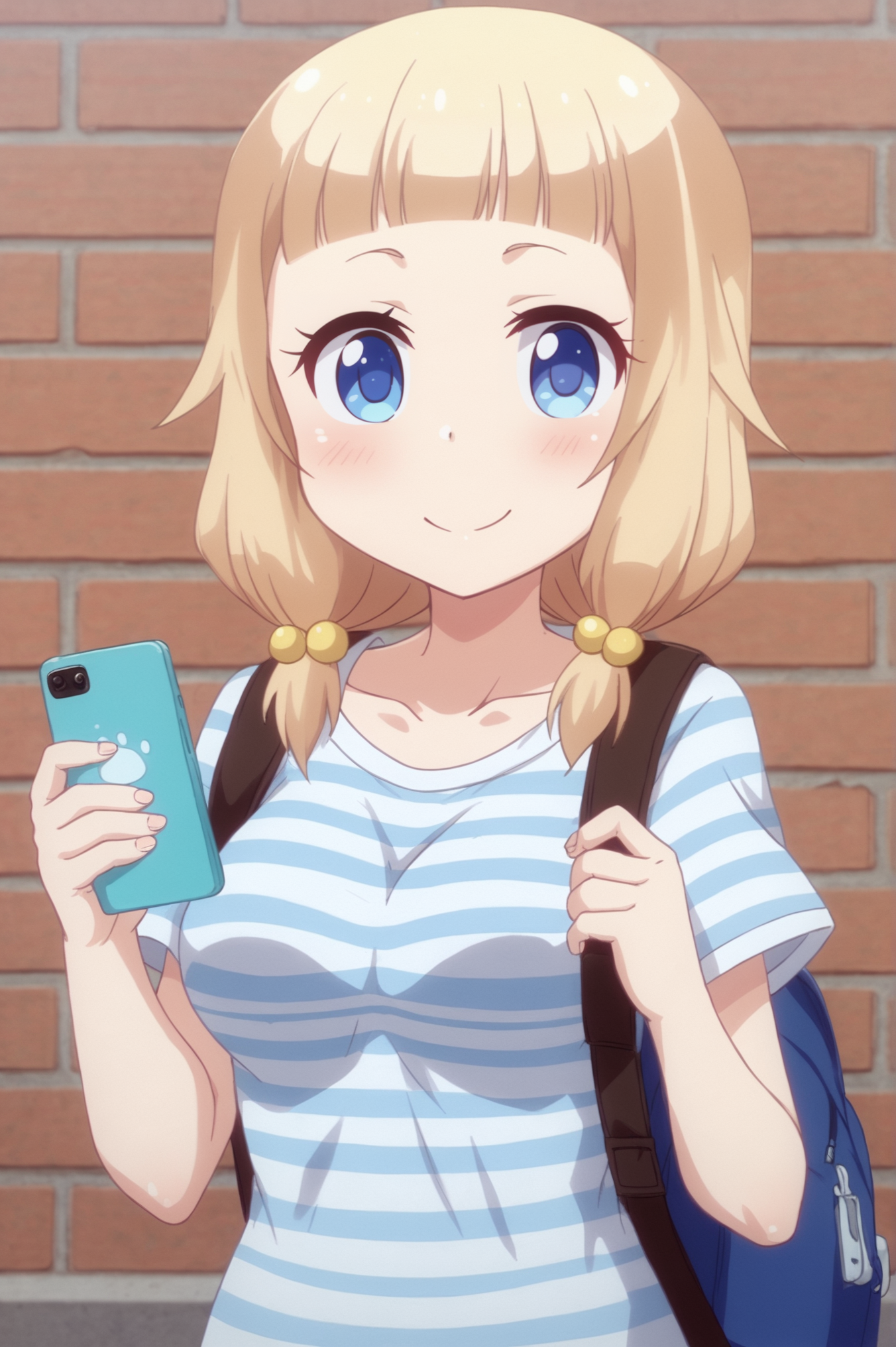 <lora:Nene_Sakura:0.7> Nene Sakura, 1girl, solo, breasts, blush, smile, shirt, holding, closed_mouth, collarbone, upper_body, short_sleeves, outdoors, striped_clothes, bag, phone, blue_shirt, backpack, cellphone, smartphone, holding_phone, striped_shirt, paw_print, brick_wall <lora:sdxl_lightning_4step_lora:1>