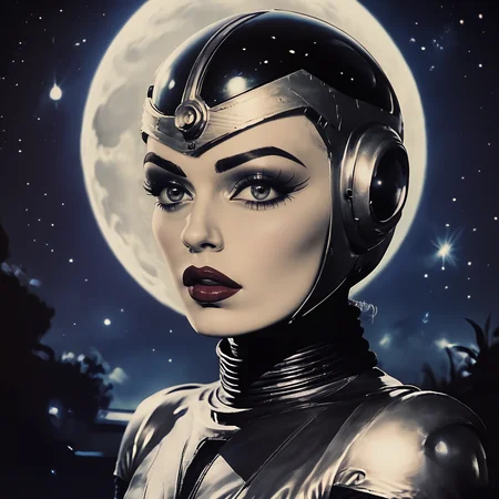 Score_9, score_8_up, score_7_up, BREAK <lora:10s_Retro_Future_MoviePony:1> ArsMovieStill, movie still from a 1910s retro future movie, The image shows a woman in a futuristic suit standing in front of a full moon with stars twinkling in the night sky., 1girl, moon, solo, star (sky), sky, monochrome, helmet, makeup, night, full moon