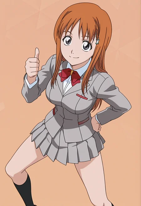 masterpiece, best quality, amazing quality, anime screencap, anime coloring, 1girl, solo, <lora:DX888Orihime:1> inoue orihime, grey eyes, orange hair, long hair,
hairclip, school uniform, grey blazer, grey skirt, red bow, BREAK brown background, triangle background, (simple background:1.2) BREAK (dynamic pose:1.2), smile, blsuh, thumbs up, bowlegged pose, from above,
