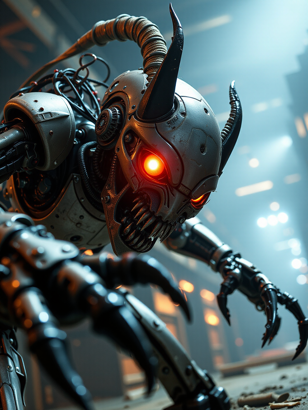 Cinematic close-up of a sinister demon bot, captured in a dramatic Dutch angle, giving the scene a vertiginous sense of horror. The bot’s metallic skin is sleek yet corroded, with glowing red eyes that pierce through the dark, cold light emanating from its sharp, angular features. Jagged wires and exposed circuitry protrude from its body like mechanical tendrils, and its claws glisten with oil and dark fluids. The background is a dimly lit industrial space, filled with shadowy, flickering lights, adding to the unsettling atmosphere. The warped perspective of the Dutch angle heightens the tension, as though the viewer is caught off-balance, while the bot looms menacingly into view, creating a terrifying, cinematic moment.

