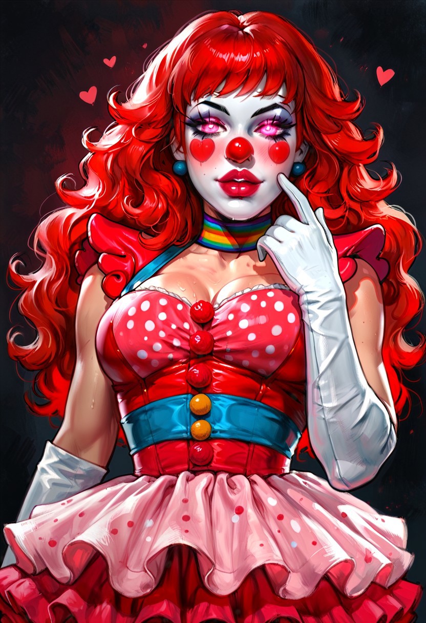 wearing classic polka dot bodysuit that hugs every curve, ruffled skirt, White elbow length gloves, big red clown nose, Red wig,
Erotic facial expression, Beautiful face, Perfect Face, Sultry eyes, Pretty face, Gorgeous Eyes, Pink Eyes, Breeding, Ovulating, Horny, In Heat, Passionate, Romantic, Hearts, Strong Nose, blush, Pink lipstick, Nail polish, Wet Hair, Messy Hair, Sexy Hair, Long Hair,
Oily Body, Sweaty Body, Hourglass body, Voluptuous, Big ass, Big Boobs, Thick thighs, Female Abs, feminine woman, Thick body, Sexy, Erotic, Arousing, Correct Proportions,
masterpiece, best quality, highly detailed, clean linework, upscaled, high resolution, score_9, score_8_up, score_7_up, High contrast lighting, Dynamic Lighting, high contrast color pallet, intense shadows, Saturated, 
Portrait, Waist up, Close up, Face focus, Woman solo, Headshots, Image from Below, Subject looking down, Holding a Pie,
mythp0rt, oil painting, traditional media, realistic, g0th1c, glowing, glowing eyes, Clown, Clown makeup, clown costume, colorful clown costume, red clown nose,