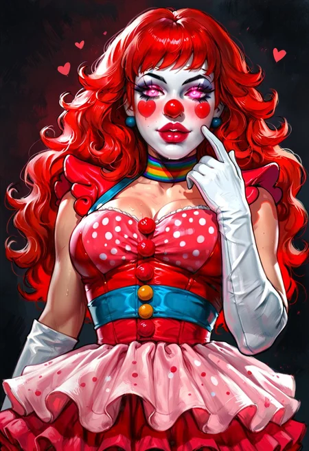 wearing classic polka dot bodysuit that hugs every curve, ruffled skirt, White elbow length gloves, big red clown nose, Red wig,
Erotic facial expression, Beautiful face, Perfect Face, Sultry eyes, Pretty face, Gorgeous Eyes, Pink Eyes, Breeding, Ovulating, Horny, In Heat, Passionate, Romantic, Hearts, Strong Nose, blush, Pink lipstick, Nail polish, Wet Hair, Messy Hair, Sexy Hair, Long Hair,
Oily Body, Sweaty Body, Hourglass body, Voluptuous, Big ass, Big Boobs, Thick thighs, Female Abs, feminine woman, Thick body, Sexy, Erotic, Arousing, Correct Proportions,
masterpiece, best quality, highly detailed, clean linework, upscaled, high resolution, score_9, score_8_up, score_7_up, High contrast lighting, Dynamic Lighting, high contrast color pallet, intense shadows, Saturated,
Portrait, Waist up, Close up, Face focus, Woman solo, Headshots, Image from Below, Subject looking down, Holding a Pie,
mythp0rt, oil painting, traditional media, realistic, g0th1c, glowing, glowing eyes, Clown, Clown makeup, clown costume, colorful clown costume, red clown nose,