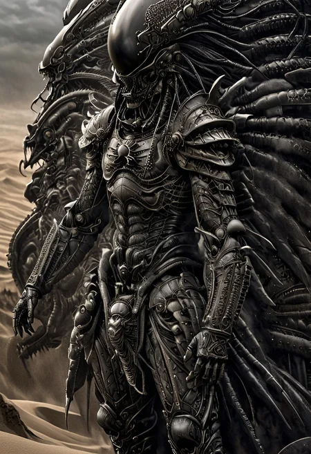 stunning, magnificent, HD, photorealistic, samurai, dramatic lighting, solo, standing alone in a desert, intricate details, intricate armor, intense gaze, mythical, legendary, powerful, ((dark, evening)), cinematic, close-up, art by hr giger,
 armor, science fiction, no humans,
 vintage painting,painting,realism,Americana art,artistic style