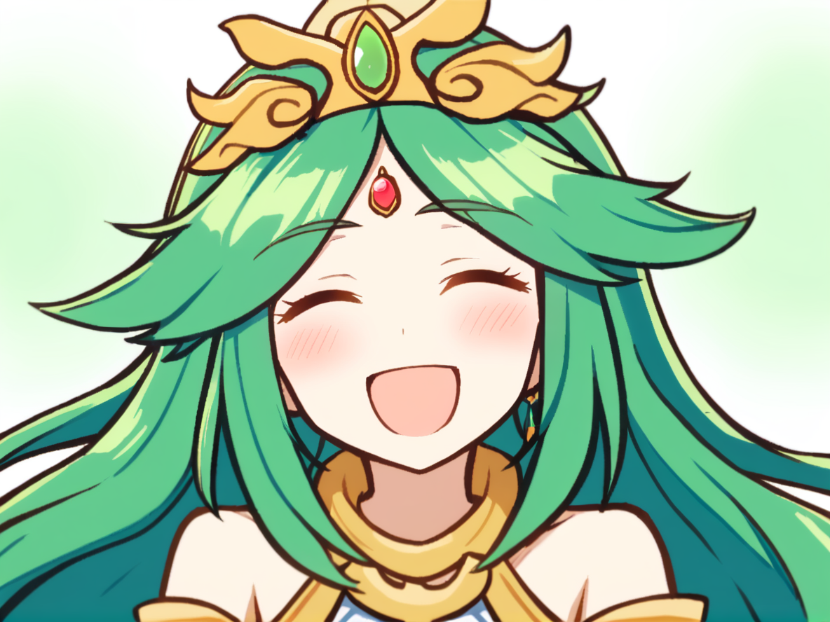 1girl, 
palutena, kid icarus, 
solo, bare shoulders, smile, hair flaps, diadem, white background, jewelry, open mouth, simple background, upper body, neck ring, green hair, parted bangs, :d, ^_^, facing viewer, blush, long hair, closed eyes, forehead jewel, gem, 
  safe
 <lora:mki-ani31-GenshinPV-v2-000012:1>