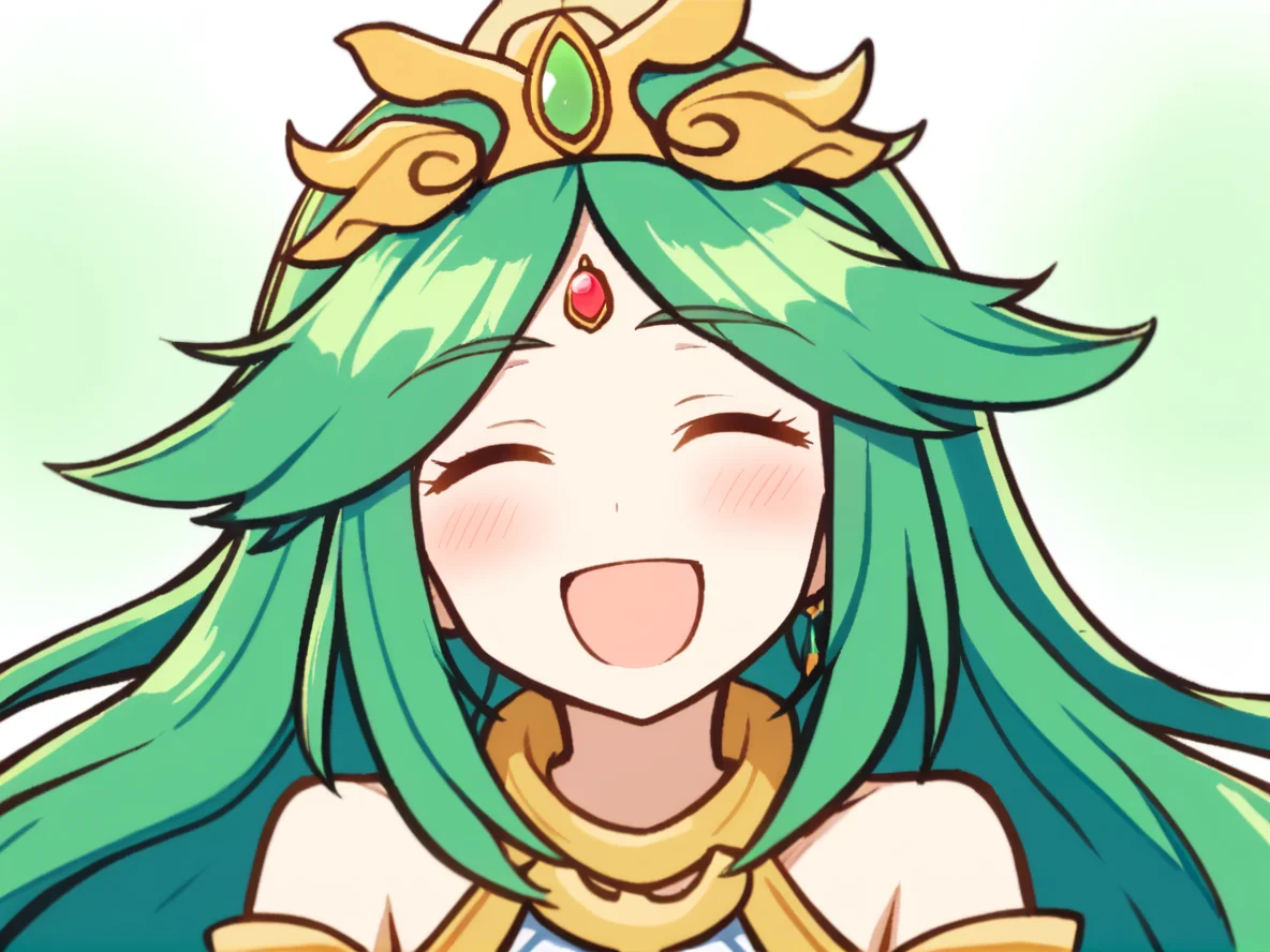 1girl,
palutena, kid icarus,
solo, bare shoulders, smile, hair flaps, diadem, white background, jewelry, open mouth, simple background, upper body, neck ring, green hair, parted bangs, :d, ^_^, facing viewer, blush, long hair, closed eyes, forehead jewel, gem,
safe
<lora:mki-ani31-GenshinPV-v2-000012:1>