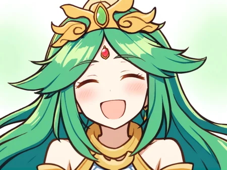 1girl,
palutena, kid icarus,
solo, bare shoulders, smile, hair flaps, diadem, white background, jewelry, open mouth, simple background, upper body, neck ring, green hair, parted bangs, :d, ^_^, facing viewer, blush, long hair, closed eyes, forehead jewel, gem,
safe
<lora:mki-ani31-GenshinPV-v2-000012:1>