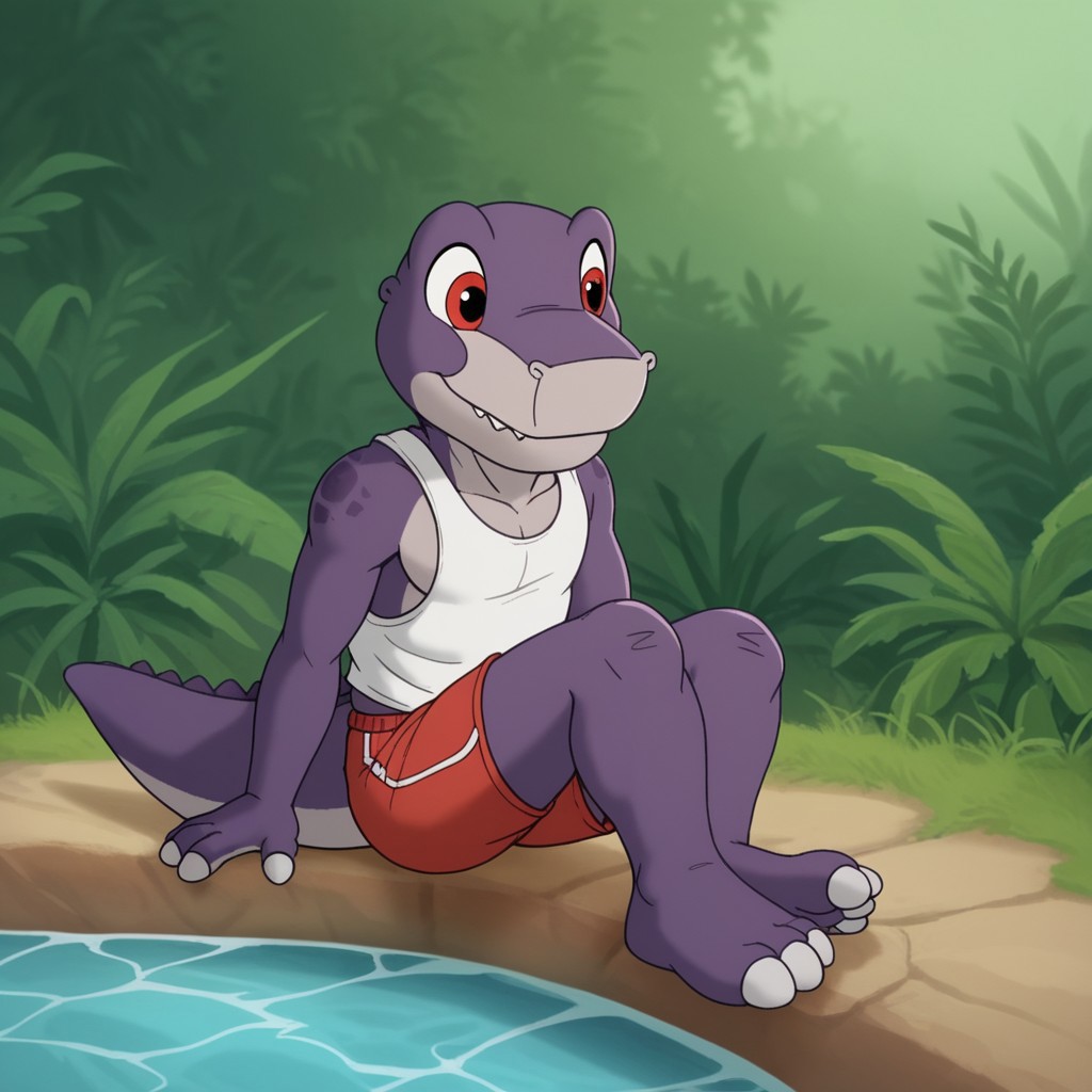 score_9, score_8_up, score_7_up, score_6_up, score_5_up, score_4_up, source_furry, Chomperlbttv, anthro, male, Tyrannosaurus rex, dinosaur, scalie, purple skin, red eyes,  swimming trunks, in a stream, lush valley, young anthro, tank top, sitting, on the edge, feet in water