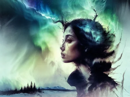 ink art of northern lights over the tundra with a beautiful woman looking into the night sky, ethereal head, supernatural style, realistic style, super high quality image and creation, amazing image detail, amazing realistic rendering, special effect, RM <lora:russ-mills-style:1>