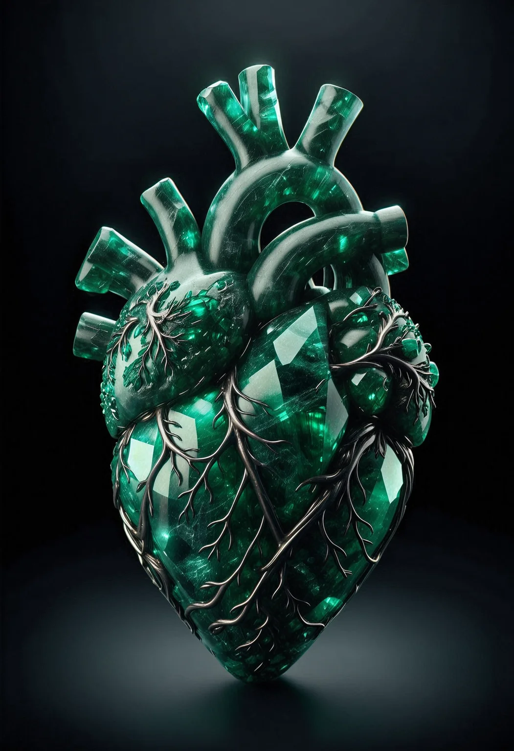Emerald in the shape of an anatomical heart. intense light effects, dark atmospheric background. Grimdark art. Masterpiece, highly detailed, professional, 4K   <lora:dmd2_sdxl_4step_lora> <lora:xl_EmeraldMorph>