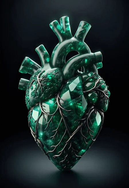 Emerald in the shape of an anatomical heart. intense light effects, dark atmospheric background. Grimdark art. Masterpiece, highly detailed, professional, 4K <lora:dmd2_sdxl_4step_lora> <lora:xl_EmeraldMorph>