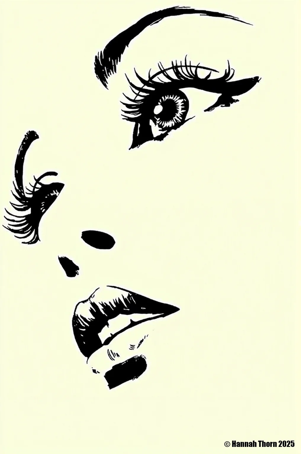 a digital drawing in a monochromatic, abstract style, it features a close-up of a woman's face, viewed from the side, in profile, the subject's face is depicted in black ink, with a smooth, slightly rough texture, suggesting a high level of detail, the woman's eyes are large and expressive, with long, dark eyelashes and a slight, almost dreamy gaze, her lips are full and slightly parted, giving a sense of calmness, the background is a plain, off-white color, ensuring that the focus remains on the subject, the drawing is executed in a simple, clean, and minimalist manner, with no additional objects or distractions, the overall composition is symmetrical, with the subject occupying the central portion of the image, while the background elements are minimalistic and unobtrusive, keeping the focus solely on the face and its composition, the image has a minimalist, modern aesthetic, with clean lines and a clean, polished finish that enhances the realism and depth of the subject<lora:_Flux\Crepax_Valentina.safetensors:1.0:1.0>