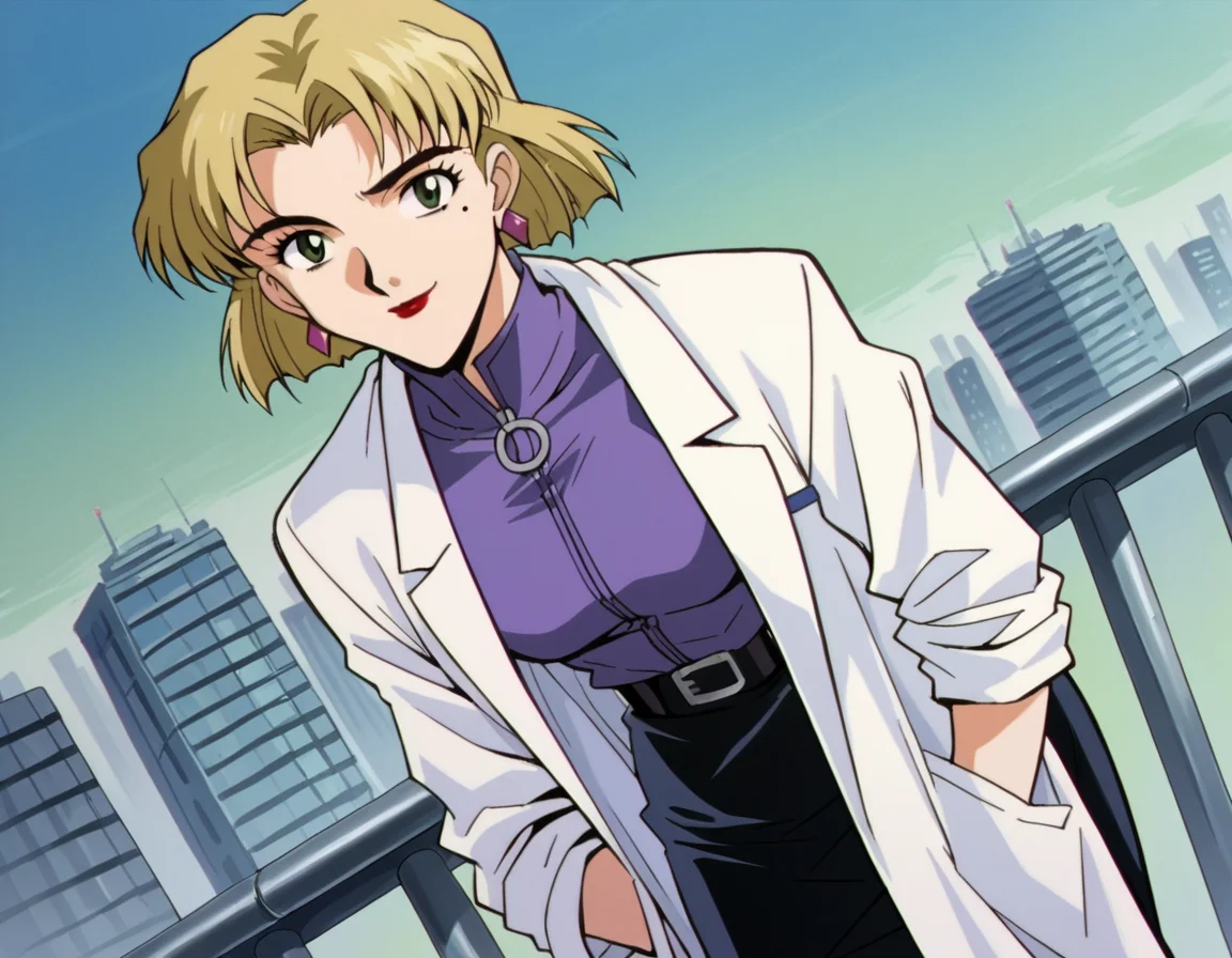 score_9, score_8_up, score_7_up, source_anime,
ritsukoakagi, <lora:ritsuko-akagi-classic-ponyxl-lora-nochekaiser:1>,
ritsuko akagi, short hair, blonde hair, mole, mole under eye, parted bangs, green eyes,
lipstick, skirt, jewelry, pantyhose, earrings, belt, pencil skirt, labcoat, shirt, purple shirt, turtleneck, zipper,
cityscape, bent over, smile,
cowboy shot, looking at viewer, solo, dutch angle,