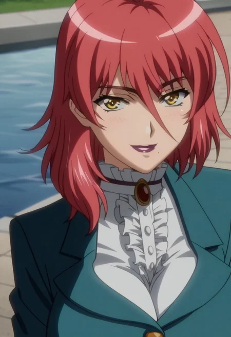 score_8, score_7_up, score_6_up, 1girl, smile, human, source_cartoon, screencap, detailed face, solo, Himeno, red hair, large breast, dressed, smiling, looking at viewer, smile, from above, cowboy shot, anime screencap