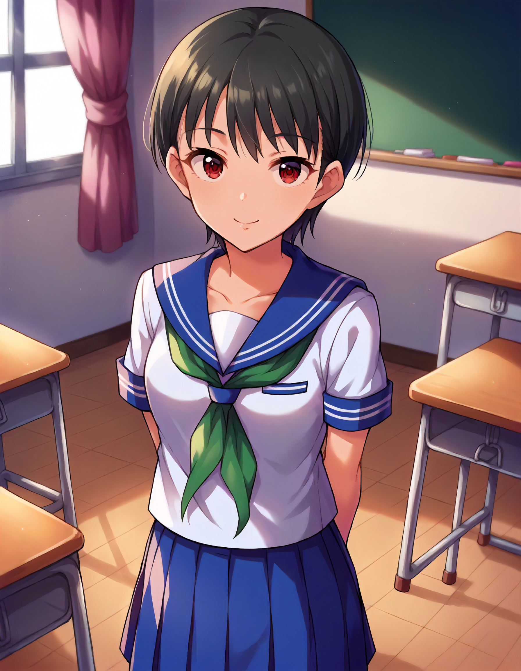 score_9,score_8_up,score_7_up,1girl,solo,cowboy shot,looking at viewer,smile,closed mouth,indoors,school desk,arms behind back,
<lora:matsubarasaya_ponyXLV6:0.8>,cgmsy,black hair,short hair,red eyes,
serafuku,blue sailor collar,short sleeves,green neckerchief,pleated skirt