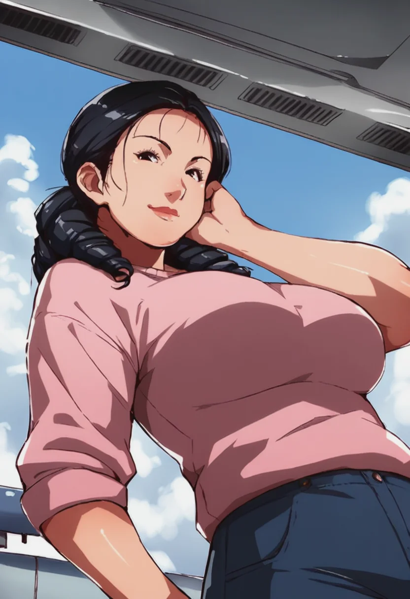 score_9, score_8_up, score_7_up, 1girl, large_breasts, mature_female, portrait, solo, looking_at_viewer, open_eyes, Twirling hair with fingers, from_below, (Pink Pullover), twin drills, mullet, Jet Black hair, street, full_body, rating_safe, <lora:pony\artist_styles\ganto_pony:1.0>