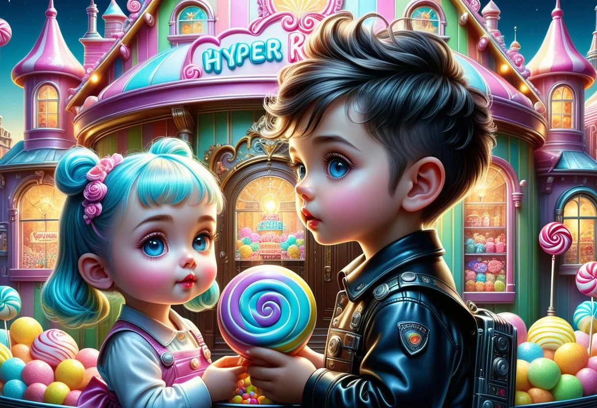 whimsical adorable realistic hyper realistic detailed , hyper detailed coherent faces sharp features, in candy house, industrialpunk pastel watercolor, hyper detailed, digital painting , backlit, hyperrealistic, octane rendered bright pastel color, vibrant, cinematic, ornate well rendered, intricate, detailed Abraham Hunter tom wood mark ryden marcus jones, very detailed digital art illustration theater lighting, movie poster quality, center shot, unreal engine 5, sharp focus, ray tracing, hyperdetailed Tomasz Alen Kopera maximalism futuristic 8K polished masterpiece, drone photography