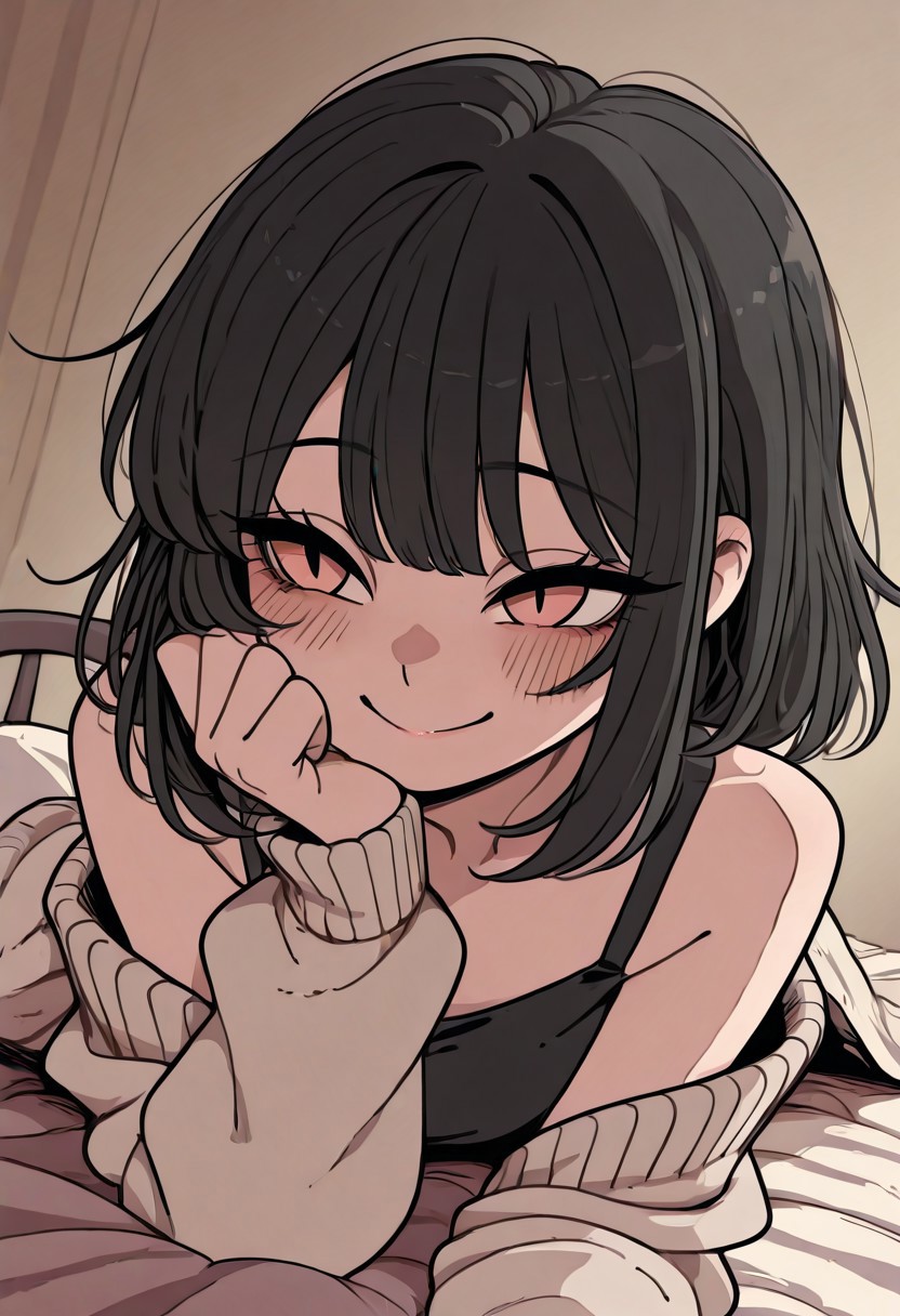 gothic_glittercore, A stylized anime-inspired portrait of a cheerful young woman with short, wavy black hair and bangs. She is smiling brightly with a slight blush on her cheeks. The character is wearing a black strappy top and a light beige cardigan draped over her shoulders. She's laying on a bed in a badly lit room