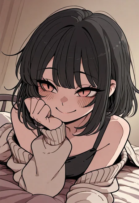 gothic_glittercore, A stylized anime-inspired portrait of a cheerful young woman with short, wavy black hair and bangs. She is smiling brightly with a slight blush on her cheeks. The character is wearing a black strappy top and a light beige cardigan draped over her shoulders. She's laying on a bed in a badly lit room