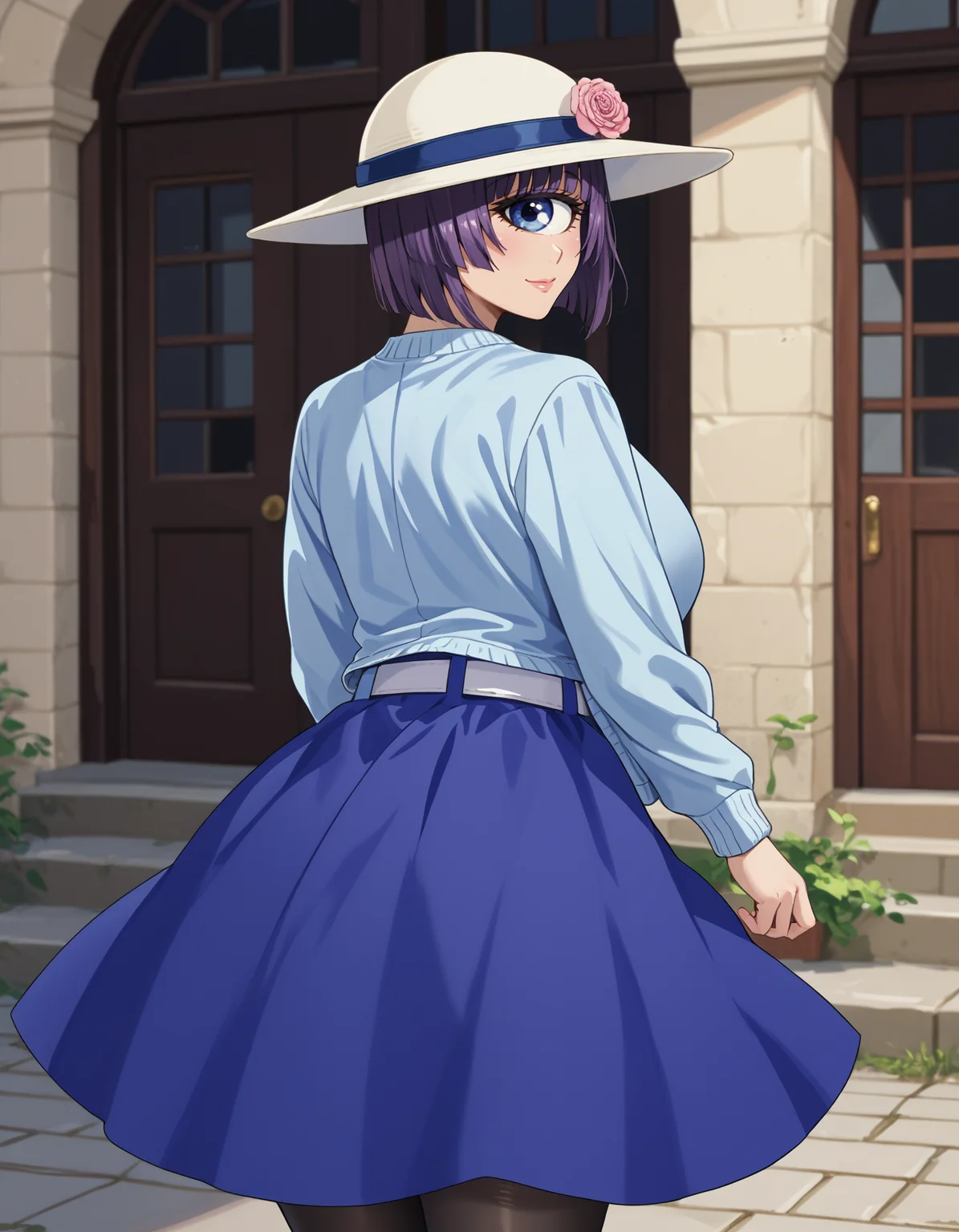 score_9, score_8_up, score_7_up,score_6_up source_anime, 1girl,huge breasts,wide hips,thick thighs,smile,(huge ass,from behind:1.2)
manakodres, cyclops, , hat flower, blue skirt, black pantyhose, purple hair, blue eyes, short hair, long skirt, white belt, white shirt, white headwear, long sleeves, pink rose, sun hat, pink flower, blue jacket, monster girl, purple skirt, blue cardigan
<lora:manako-koto-PonyXL 2:1>