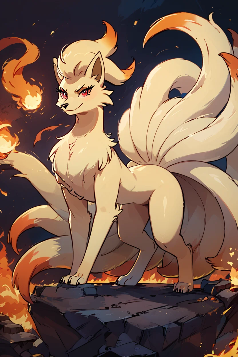 score_9, score_8_up, score_8, medium breasts, (curvy), cute, eyelashes,       ,,, , ,,, zzNinetails, looking at viewer, red eyes, closed mouth, standing, full body, looking back, fire, rock, embers, angry, attack, furious, claws, ,<lora:NinetailsPokedexPDXL:0.8>,    ,,,, BREAK, <lora:GoldenCAT_Lora_PDXL_v2:0.8>, smile, closed mouth, looking at viewer, cowboy shot, ,,, embedding:zPDXL, Expressiveh, ,,, <lora:Expressive_H-000001:0.4>,