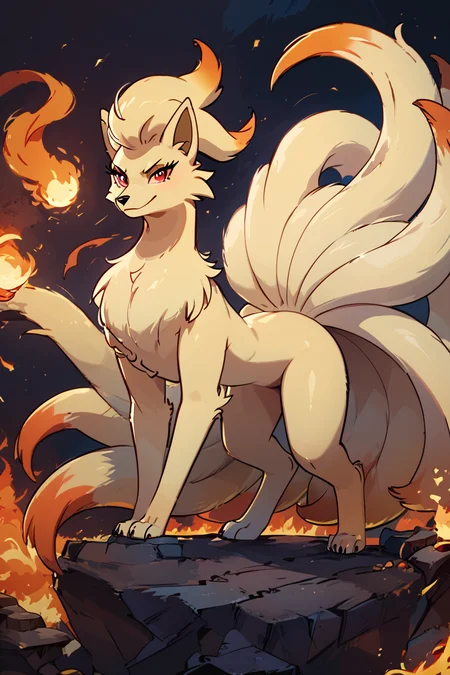 score_9, score_8_up, score_8, medium breasts, (curvy), cute, eyelashes, ,,, , ,,, zzNinetails, looking at viewer, red eyes, closed mouth, standing, full body, looking back, fire, rock, embers, angry, attack, furious, claws, ,<lora:NinetailsPokedexPDXL:0.8>, ,,,, BREAK, <lora:GoldenCAT_Lora_PDXL_v2:0.8>, smile, closed mouth, looking at viewer, cowboy shot, ,,, embedding:zPDXL, Expressiveh, ,,, <lora:Expressive_H-000001:0.4>,