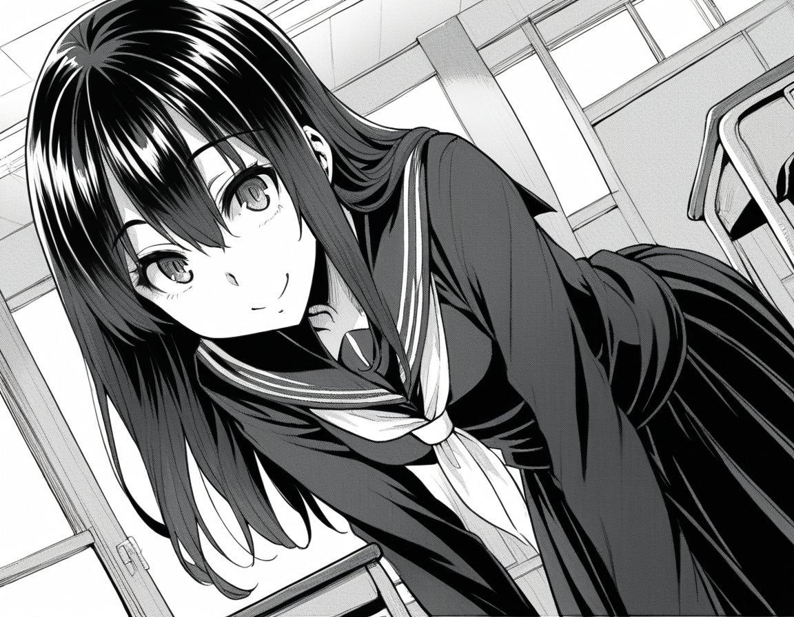 score_9, score_8_up, score_7_up, source_anime,
sakiyoshida, <lora:saki-yoshida-manga-ponyxl-lora-nochekaiser:1>,
saki yoshida, long hair, hair between eyes, monochrome, greyscale,
black hair, skirt, pleated skirt, serafuku, shirt, long sleeves, long skirt, sailor collar, neckerchief, black shirt,
indoors, classroom, bent over, smile,
looking at viewer, solo, dutch angle, cowboy shot,