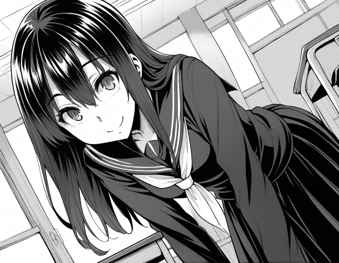 score_9, score_8_up, score_7_up, source_anime,
sakiyoshida, <lora:saki-yoshida-manga-ponyxl-lora-nochekaiser:1>,
saki yoshida, long hair, hair between eyes, monochrome, greyscale,
black hair, skirt, pleated skirt, serafuku, shirt, long sleeves, long skirt, sailor collar, neckerchief, black shirt,
indoors, classroom, bent over, smile,
looking at viewer, solo, dutch angle, cowboy shot,