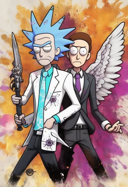 A highly detailed and vibrant action pose of an anime-inspired Rick Sanchez and Morty Smith of Rick and Morty, dressed in a tattered yet impressive suit and tie, with wings of black and white engraved with ancient runes and symbols, a halo, a horn, a weapon, and showcasing an energy or magical ability, with a color scheme of purple and orange.