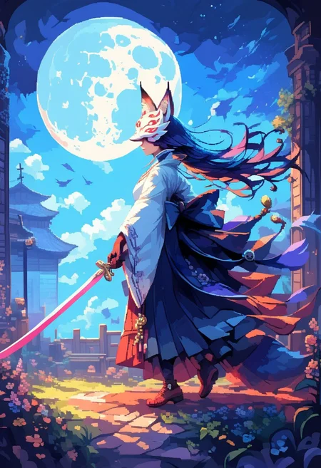 score_9, score_8_up, score_7_up, score_6_up,masterpiece,8k,high res, hkfuture,d3p1x3l, pixel art,(ais-ghostly:1.1),(1 human girl:1.2), (long fox ears:1.4),(long fluffy tail:1.3),(long wild hair),(fox mask), (fox tail),beautiful face,detailed face,(dark purple eyes),shining eyes,(dark purple hair),tranquil expression,(slim figure),bright white robes,holding long sword,swordmaster robe,exposed legs,walking,skinny,(big hands),(beast hands:1.1), (long legs),(paw feet),(night time,starry sky,full moon,dynamic lightining,strong winds), kitsune