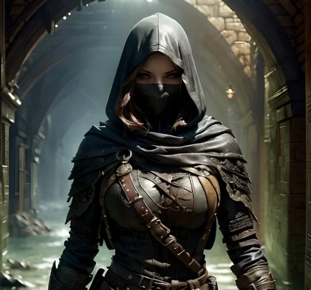 RAW photo, (masterpiece:1.3), subsurface scattering, heavy shadow, (high quality:1.4), (intricate, high detail:1.2), professional photography, HDR, High Dynamic Range, realistic, ultra realistic, photorealistic, high resolution, film photography, ambient lighting, atmospheric effects, <lora:detail_slider_v4:2>, OverallDetail,  FaRo, <lora:FantasyRogues:0.7>, a female rogue in leather armor, hood, dark cloak, dynamic pose, sneaking through a dark, medieval, fantasy, sewer, water, <lora:Sewer:0.9>, epiCPhoto, <lora:zoom_slider_v1:-2.5>