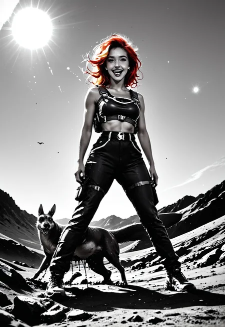 Space biologist studies an alien kangaroo, 

score_9, score_8_up, score_7_up, Realistic, cinematic shot, selective color, monochrome background, grayscale, 4k, Gadget, side view,

(((alien kangaroo humps girl, hetero, cross-species, inter species, interspecies ))), 

18yo, blonde, red hair highlights, front highlights, wide face, perfect face, stunning, breathtaking face, detailed face, perfect teeth, expressive eyes, extremely cute, medium boobs, round stomach, sexy, partial nudity, laughing, 

Pear-shaped figure, short female, stocky, perfect round butt, wide hips, narrow waist, strong legs, thick thighs, long legs, short torso, narrow shoulders, 

Work clothes, space mechanic outfit, thick cargo pants, midriff, 

(large alien kangaroo, muscular animal, cute alien, alien species, strong animal, non-humanoid, slime, chitin, humping girl, mounting girl, humping from behind, paws on girl’s hips),

Detailed background, black and white background , alien desert, alien desert flowers, alien fauna, impossible landscape, two moons, outdoors, open space, 

highres, absurdres, in focus, hetero,

easynegative, CyberRealisticPony_POSV1, Stable_Yogis_PDXL_Positives, negative_hand, ALRGFC, alluring face, realistic, Gadget, SelectiveColorStyle, 1colorpop, 2colorpop