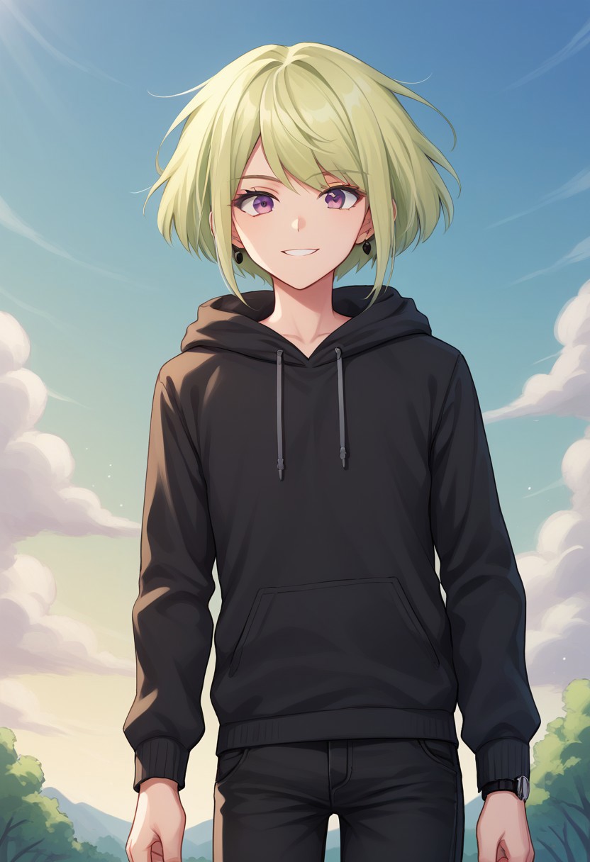 score_9, score_8_up, score_7_up, source_anime, highly detailed, 
lio, 1boy, male focus, purple eyes, solo, green hair, jacket, watch, wristwatch, hood, earrings, jewelry, blonde hair, black jacket, looking at viewer, androgynous, pants, hoodie, smile,
day, blue sky, tree, clouds,