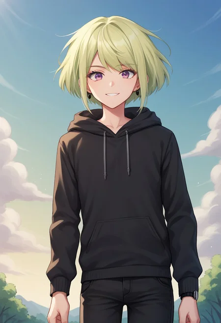 score_9, score_8_up, score_7_up, source_anime, highly detailed,
lio, 1boy, male focus, purple eyes, solo, green hair, jacket, watch, wristwatch, hood, earrings, jewelry, blonde hair, black jacket, looking at viewer, androgynous, pants, hoodie, smile,
day, blue sky, tree, clouds,