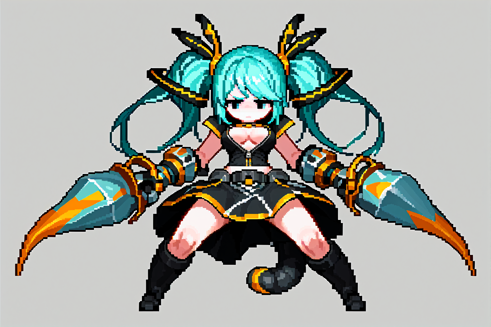 score_9, score_8_up, score_8, 1girl, solo, pixel art, 1girl, mother, black eyes, aqua hair, medium hair, twin tails, swept bangs, skirt, medium breasts, unzipped, flustered, full body, A stunning desert landscape where towering dunes rise against the horizon and the sky is a brilliant blue , <lora:DungeonSquadStylePony-Weak:1> , Artificial tail