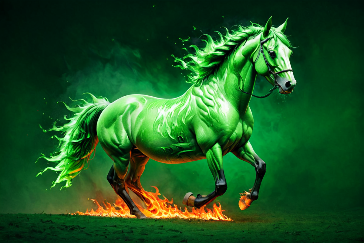 masterpiece,high resolution,detailed,
 <lora:fire_xl:0.8>,
firemode,  green theme,fire,horse