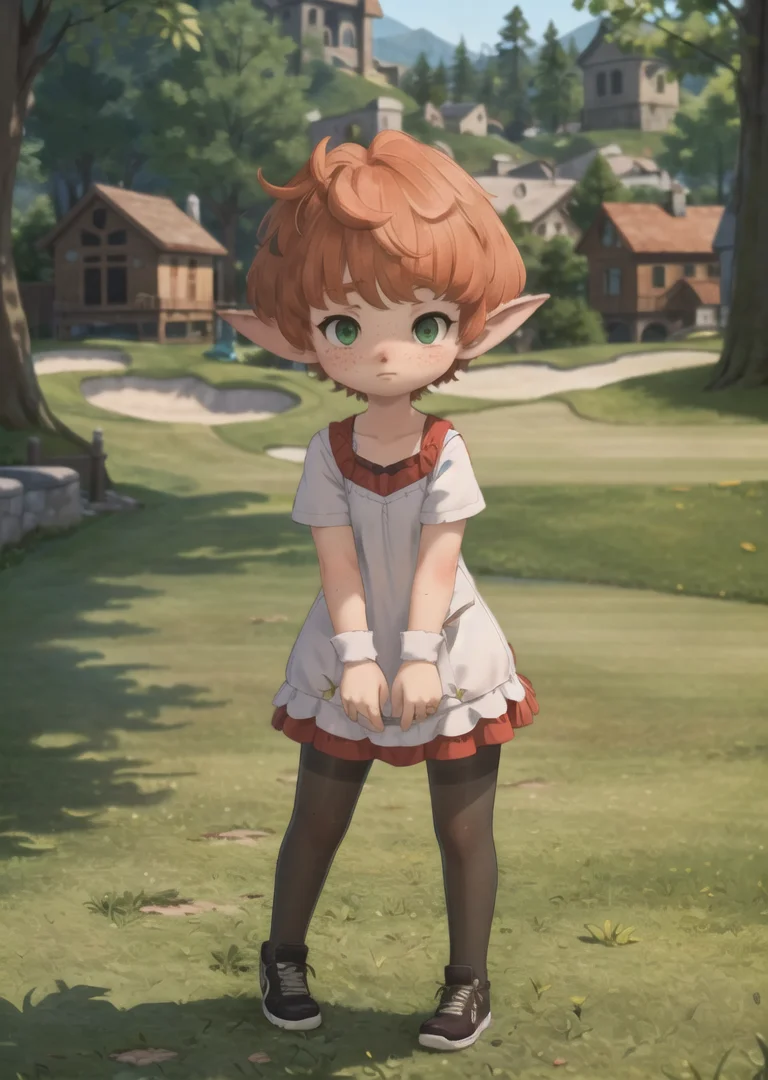 <lora:Mofu_v2-000002:0.8> masterpiece, best illustration, 1girl, solo, Mofufu, Lalafell, brown nose, (green eyes), orange hair, freckles, child, short hair, toddler BREAK
Colorful golf dress and sneakers, pantyhose