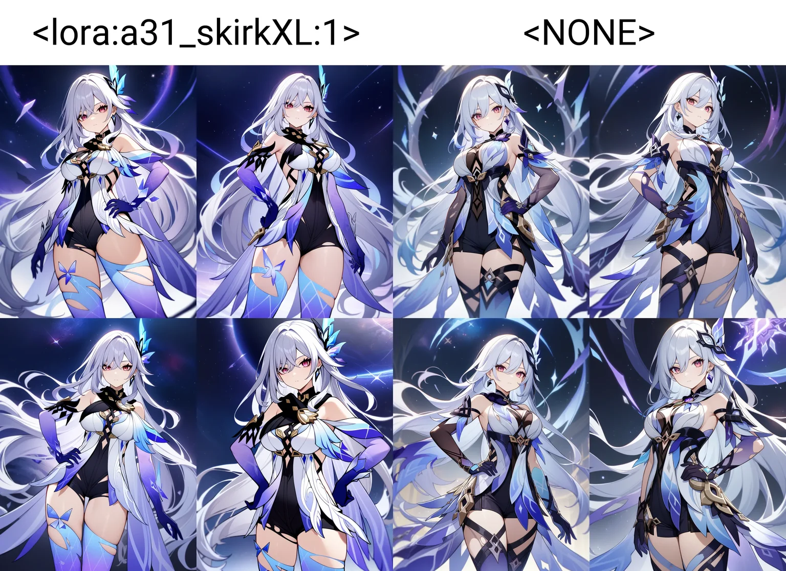 skirk \(genshin impact\), genshin impact, 1girl, solo, breasts, long hair, gloves, thighhighs, looking at viewer, elbow gloves, hand on hip, bangs, hair ornament, jewelry, blue gloves, bare shoulders, grey hair, large breasts, earrings, thighs, blue thighhighs, purple eyes, very long hair, hair between eyes, torn clothes, leotard, dress, red eyes, standing, closed mouth, black shorts, shorts, universe, event horizon
masterpiece, best quality, very aesthetic, absurdres
<lora:a31_skirkXL:1>